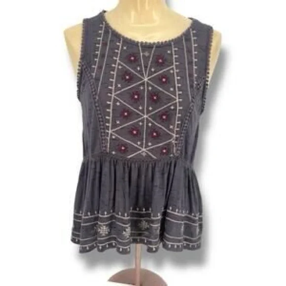 Knox Rose Gray Embroidered Peplum Tank Top Boho Blouse Top Shirt Medium M - Picture 2 of 6